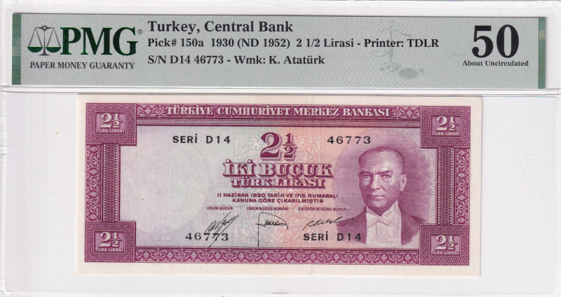 Turkey, 2 1/2 Lira, 1952, AUNC, p150, 5.Emission

PMG 50

Estimate: USD 200-...