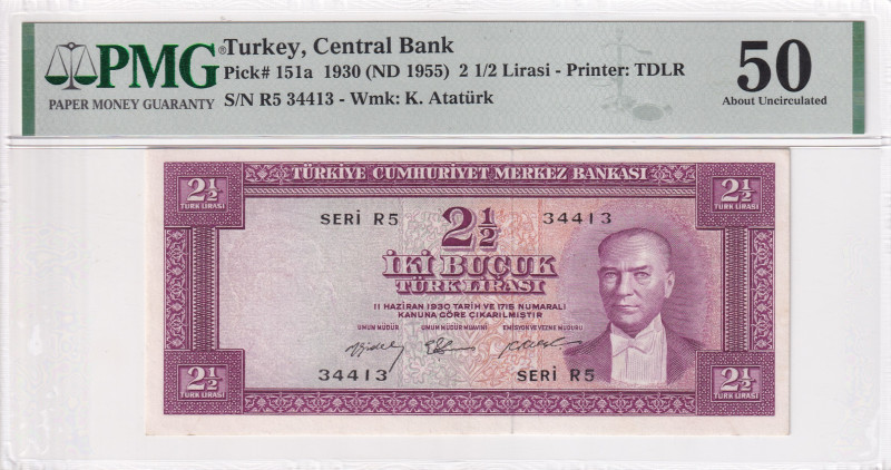 Turkey, 2 1/2 Lira, 1955, AUNC, p151, 5.Emission

PMG 50

Estimate: USD 150-...