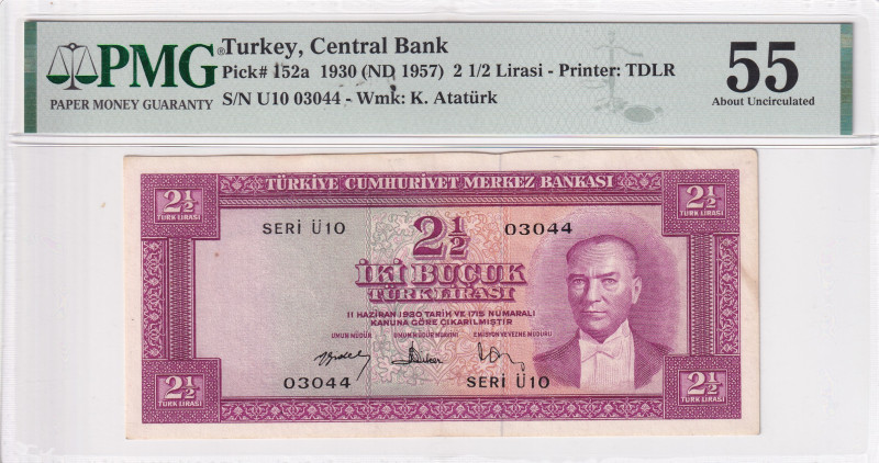 Turkey, 2 1/2 Lira, 1957, AUNC, p152, 5.Emission

PMG 55

Estimate: USD 100-...