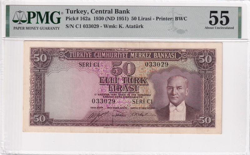 Turkey, 50 Lira, 1951, AUNC, p162a, 5.Emission

PMG 55, 7th highest rated bank...