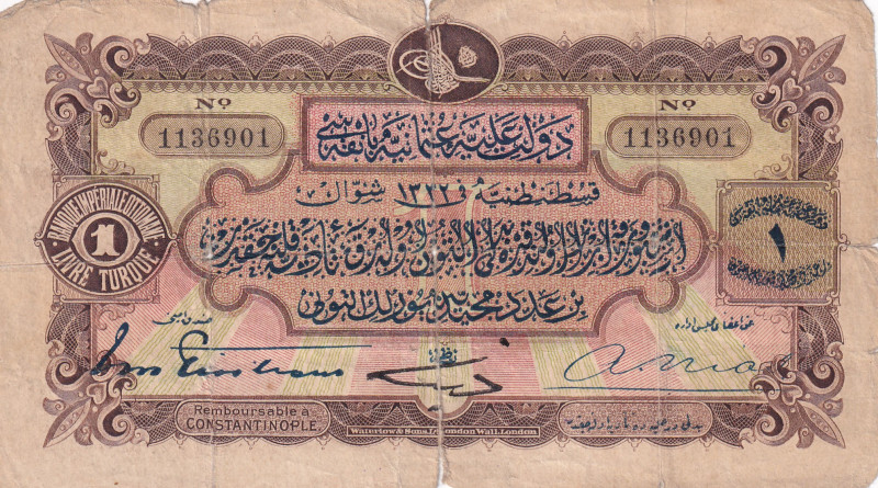 Turkey, Ottoman Empire, 1 Livre, 1914, FINE, p68a, Signed: Tristram-Nias, Seal: ...