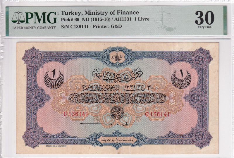 Turkey, Ottoman Empire, 1 Livre, 1915, VF, p69, Talat / Hüseyin Cahid

PMG 30,...