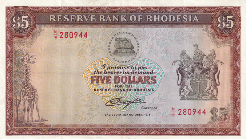 Rhodesia, 5 Dollars, 1978, VF(+), p36b

Estimate: USD 20-40