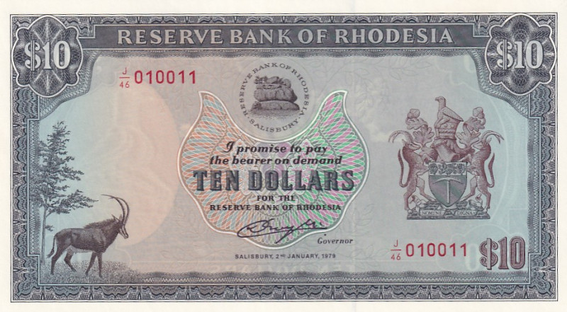 Rhodesia, 10 Dollars, 1979, UNC, p41a

Estimate: USD 100-200