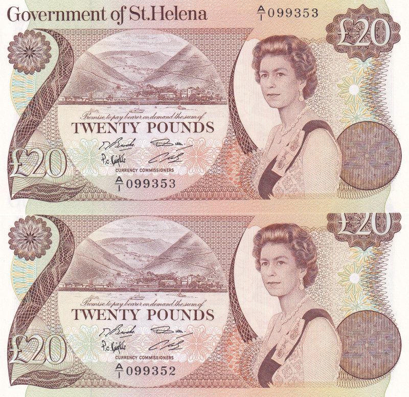 Saint Helena, 20 Pounds, 1986, UNC, p10a, (Total 2 consecutive banknotes)

Que...