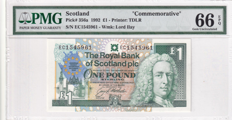 Scotland, 1 Pound, 1992, UNC, p356a

PMG 66 EPQ, Commemorative banknot

Esti...