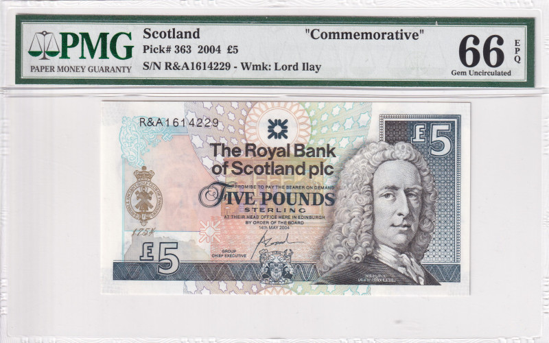 Scotland, 5 Pounds, 2004, UNC, p363

PMG 66 EPQ, Commemorative banknot

Esti...