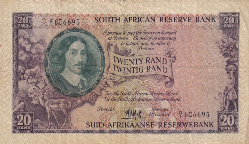 South Africa, 20 Rand, 1961, VF, p108a

There are wear on the edges of the bor...