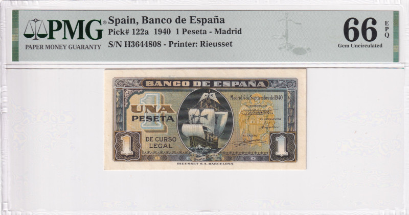 Spain, 1 Peseta, 1940, UNC, p122a

PMG 66 EPQ

Estimate: USD 50-100