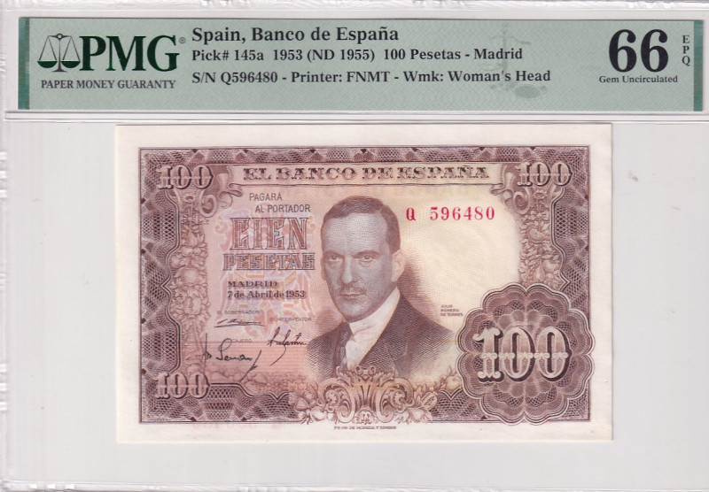 Spain, 100 Pesetas, 1953, UNC, p145a

PMG 66 EPQ, It has serial tracking numbe...