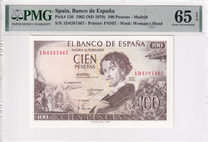 Spain, 100 Pesetas, 1965, UNC, p150

PMG 65 EPQ

Estimate: USD 30-60