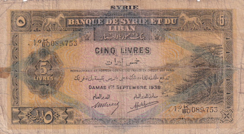 Syria, 5 Livres, 1939, FINE(-), p41e

Split, bands, rips and stains

Estimat...