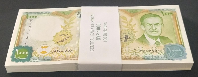 Syria, 1.000 Pounds, 1997, UNC, p111c, BUNDLE

(Total 100 Banknotes)

Estima...