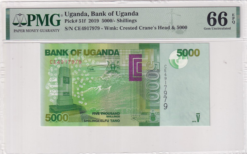 Uganda, 5.000 Shillings, 2019, UNC, p51f

PMG 66 EPQ, 6th banknote with highes...