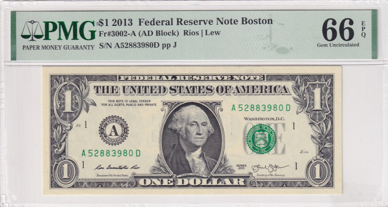 United States of America, 1 Dollar, 2013, UNC, p537

PMG 66 EPQ, It has serial...