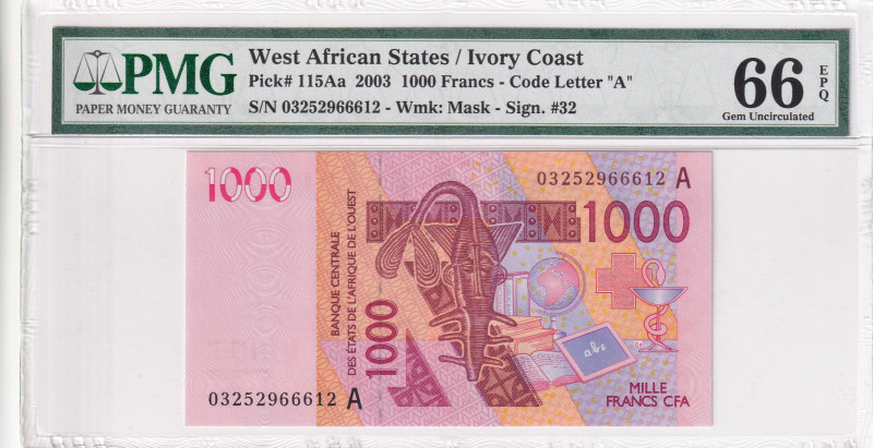 West African States, 1.000 Francs, 2003, UNC, p115Aa

PMG 66 EPQ, A Ivory Coas...