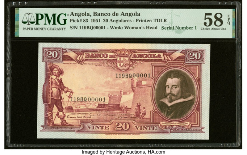 Angola Banco De Angola 20 Angolares 1.3.1951 Pick 83 PMG Choice About Unc 58 EPQ...