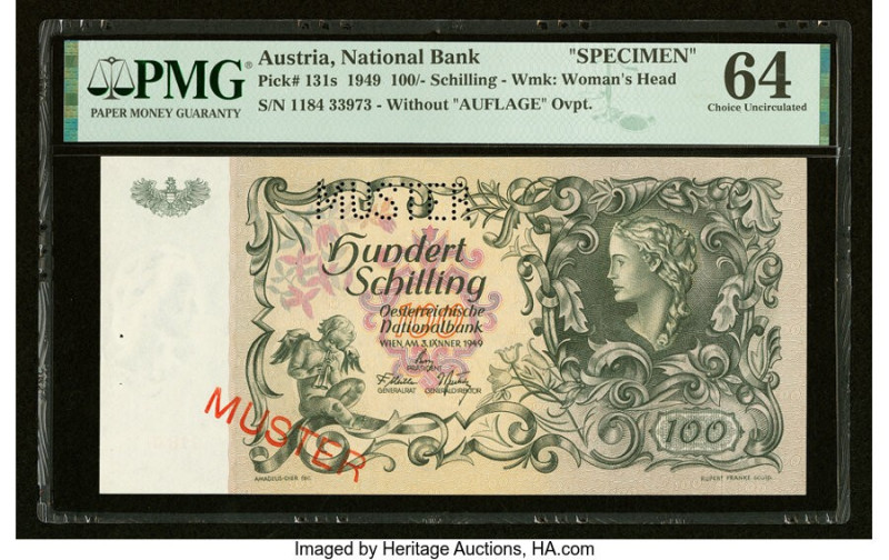 Austria Austrian National Bank 100 Schilling 3.1.1949 Pick 131s Specimen PMG Cho...