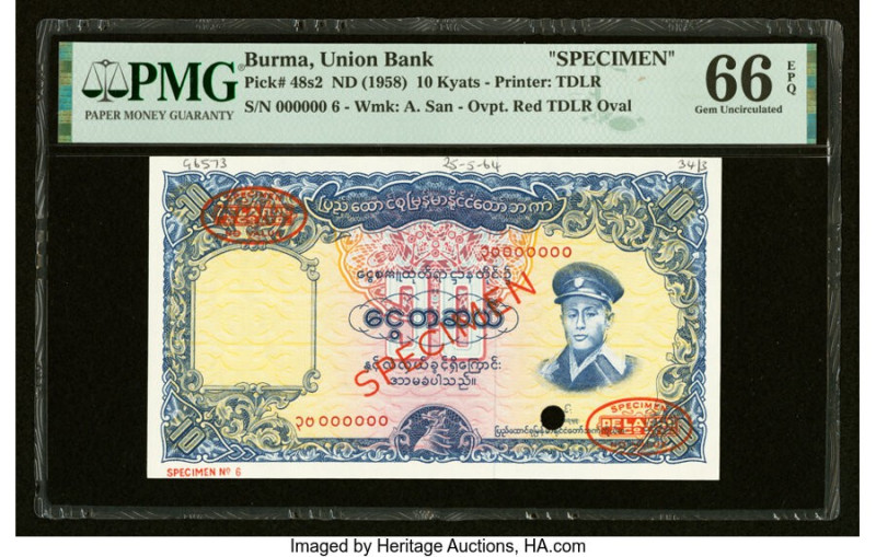 Burma Union Bank 10 Kyats ND (1958) Pick 48s2 Specimen PMG Gem Uncirculated 66 E...