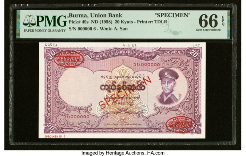 Burma Union Bank 20 Kyats ND (1958) Pick 49s Specimen PMG Gem Uncirculated 66 EP...