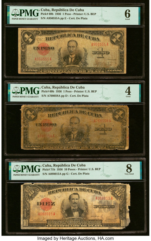 Cuba Republica de Cuba 1 (2); 10 Pesos 1936 Pick 69b (2); 71b Three Examples PMG...