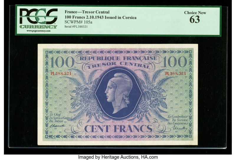 France Tresor Central 100 Francs 2.10.1943 Pick 105a PCGS Choice New 63. From th...