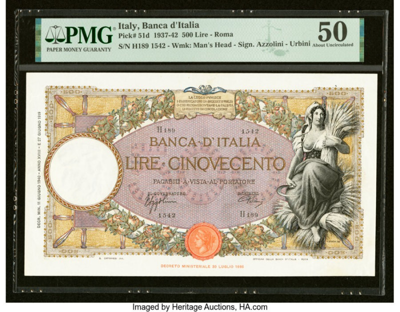 Italy Banco d'Italia 500 Lire 1937-42 Pick 51d PMG About Uncirculated 50. From t...