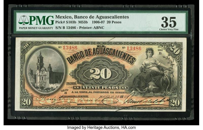 Mexico Banco De Aguascalientes 20 Pesos 1.5.1907 Pick S103b M53b PMG Choice Very...