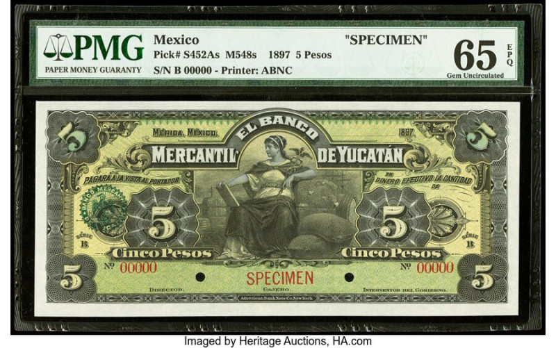 Mexico Mercantil de Yucatan 5 Pesos 1897 Pick S452As M548s Specimen PMG Gem Unci...