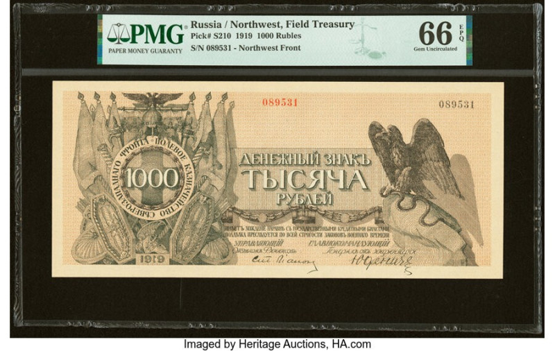 Russia Field Treasury, Northwest Front 1000 Rubles 1919 Pick S210 PMG Gem Uncirc...