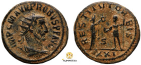 Probus. (276-282 AD). Æ Antoninian. (20mm, 4,02g) Antioch. Obv: IMP C M AVR PROBVS P F AVG. radiate cuirassed bust of Probus right. Rev: RESTITVT ORBI...