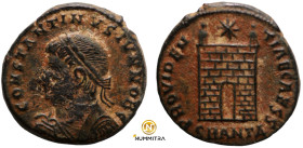 Constantinus I. (307-337 AD). Follis. (19mm, 3,62g) Antioch. Obv: CONSTANTINVS AVG. laureate bust of Constantinus left. Rev: PROVIDENTIAE CAESS. Campg...