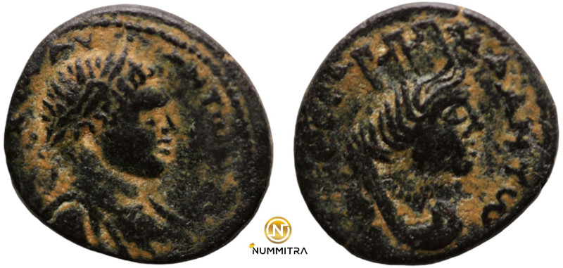 Caracalla. (198-217 AD). Æ Bronze. (18mm, 3,61g) Mesopotamia. Carrhae. Obv: laur...