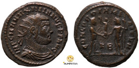 Maximianus. (285-295 AD). Æ Antoninian. (20mm, 3,93g) Antioch. Obv: IMP CMA MAXIMIANVS PF AVG. radiate cuirassed bust right. Rev: CONCORDIA MILITVM. J...