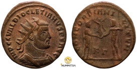 Diocletian. (285 AD). Æ Antoninian. (20mm, 3,15g) Antioch. Obv: IMP C C VAL DIOCLETIANVS P F AVG. radiate cuirassed bust of Diocletian right. Rev: CON...
