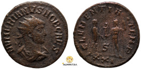 Numerian. (283-284 AD). Æ Antoninian. (20mm, 3,18g) Antioch. Obv: IMP C NVMERIANVS P F AVG. radiate cuirassed bust of Numerian right. Rev: CLEMENTIA T...
