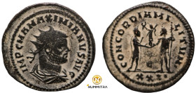 Maximianus. (285-295 AD). Æ Antoninian. (22mm, 3,83g) Antioch. Obv: IMP CMA MAXIMIANVS PF AVG. radiate cuirassed bust right. Rev: CONCORDIA MILITVM. J...