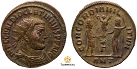 Diocletian. (285 AD). Æ Antoninian. (20mm, 2,60g) Antioch. Obv: IMP C C VAL DIOCLETIANVS P F AVG. radiate cuirassed bust of Diocletian right. Rev: CON...