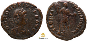 Honorius. (393-395 AD). Follis. (20mm, 5,22g) Antioch. Obv: DN HONORIVS PF AVG. pearl-diademed bust of Honorius right. Rev: GLORIA ROMANORVM. Honorius...