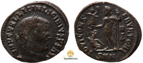 Licinius I. (317-320 AD). Follis. (22mm, 3,89g) Antioch. Obv: IMP LICINIVS AVG. draped bust of Licinius holding scepter left. Rev: IOVI CONSERVATORI. ...
