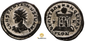 Constantinus II. (322-323 AD). Follis. (21mm, 3,06g) London. CONSTANTINVS IVN N C. cuirassed bust of Constantinus left. Rev: BEATTRANQLITAS / VOTIS XX...