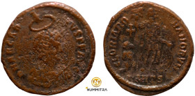 Arcadius. (383-388 AD). Follis. (22mm, 3,29g) Antioch. Obv: D N ARCADIVS P F AVG. diademed and armed bust of Arcadius right ; hand of God above. Rev: ...