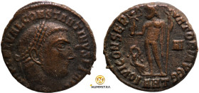 Constantinus I. (317-320 AD). Follis. (22mm, 3,42g) Antioch. Obv: IMP CONSTANTINVS AVG. draped bust of Constantinus holding scepter left. Rev: IOVI CO...