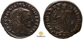 Licinius I. (317-320 AD). Follis. (19mm, 3,08g) Antioch. Obv: IMP LICINIVS AVG. draped bust of Licinius holding scepter left. Rev: IOVI CONSERVATORI A...