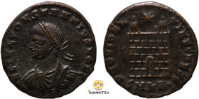 Constantinus I. (307-337 AD). Follis. (18mm, 3,17g) Antioch. Obv: CONSTANTINVS AVG. laureate bust of Constantinus left. Rev: PROVIDENTIAE CAESS. Campg...