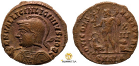 Licinius II. (317-324 AD). Follis. (22mm, 5,53g) Antioch. Obv: D N VAL LICIN LICINIVS NOB C. helmeted and cuirassed bust holding spear and shield. Rev...