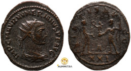 Numerian. (282-283 AD). Æ Antoninian. (19mm, 3,46g) Antioch. Obv: IMP CM AVR NVMERIANVS NOB C. radiate cuirassed bust of Numerian right. Rev: VIRTUS A...