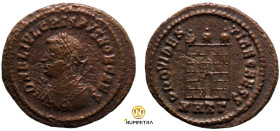 Crispus. (316-326 AD). Follis. (22mm, 3,08g) Antioch. Obv: FL IVL CRISPVS NOB CAES. laureate bust of Crispus left. Rev: PROVIDENTIAE CAESS. Campgate w...