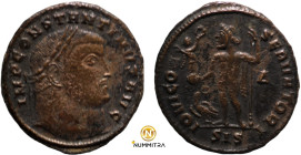 Constantinus I. (317-320 AD). Follis. (20mm, 2,76g) Antioch. Obv: IMP CONSTANTINVS AVG. draped bust of Constantinus holding scepter left. Rev: IOVI CO...