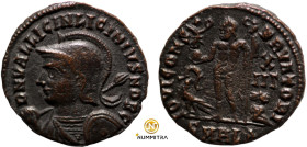 Licinius II. (317-324 AD). Follis. (19mm, 3,25g) Antioch. Obv: D N VAL LICIN LICINIVS NOB C. helmeted and cuirassed bust holding spear and shield. Rev...